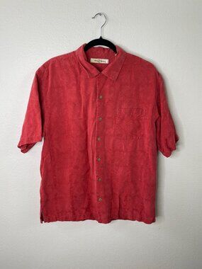 Tommy Bahama Mens Red 100% Silk Short Sleeve Button-Down Shirt L Tropical Design